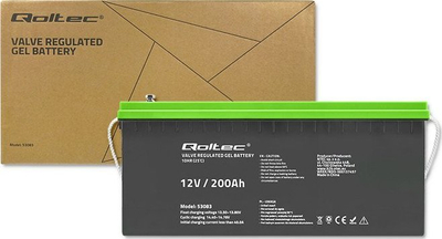 Bateri xhel plumbi Qoltec 12V 200Ah, për panele dielli, e zezë me kapak jeshil