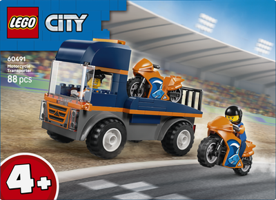 Set LEGO City Transport Wagon For Motorbikes 60491, kamion me rimorkio, për fëmijë