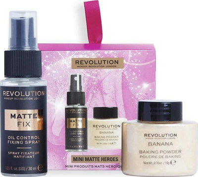 Set makeup Revolution Mini Matte Heroes, sprej fiksues dhe puder banane, madhësi mini, rozë