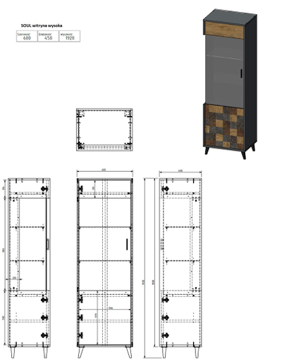 Vitrinë Cama SOUL 1D, 192x60x45 cm, anthracite, këmbë dhe detaje të zeza