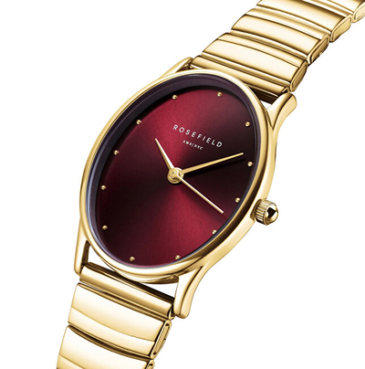 Orë dore për femra Rosefield Oval Burgundy Half-moon Steel Gold OVGSG-OV15