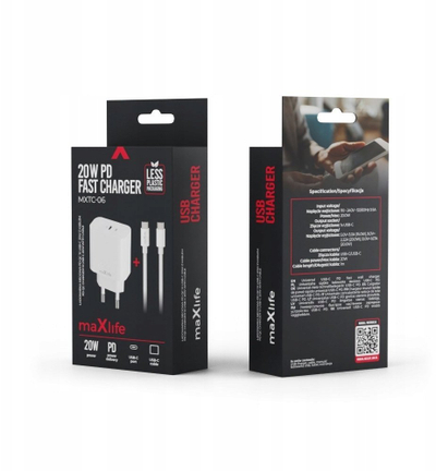 Karikues rrjeti Maxlife MXTC 06 20C, 20W, USB C PD QC, i bardhë