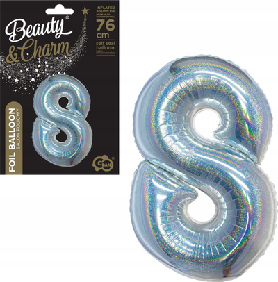 Balon me fletë Beauty &amp; Charm, numri 8, holografik, 76 cm, argjend