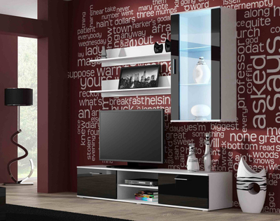 Komodinë TV Cama Meble Soho 180, me shkëlqim, e bardhë e zezë