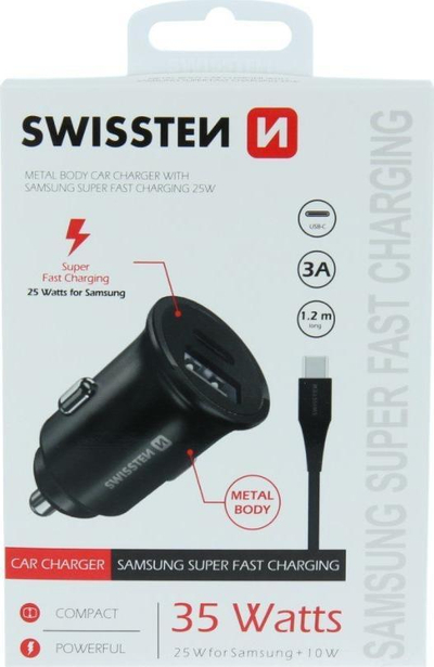 Ngarkues veture Swissten Samsung Super Fast Charging, 35W, USB C me kabllo 1.2m, i zi