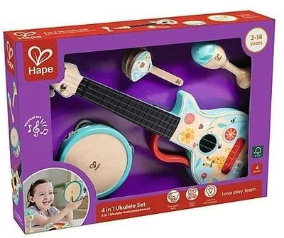 Музички сет Hape 4 во 1, дрвена укулеле, марака, тамбурина, кастињета, природен дизајн