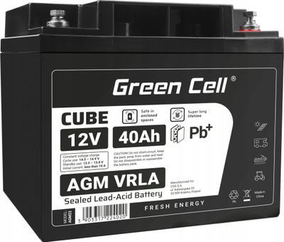 Bateri AGM Greencell 12V 40Ah, pa merak mirëmbajtje, IP54, gri