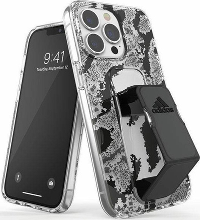Maskë telefoni Adidas SP Clear Grip Paisley për iPhone 13 / 13 Pro 6.1", me mbajtëse, transparente me të zezë