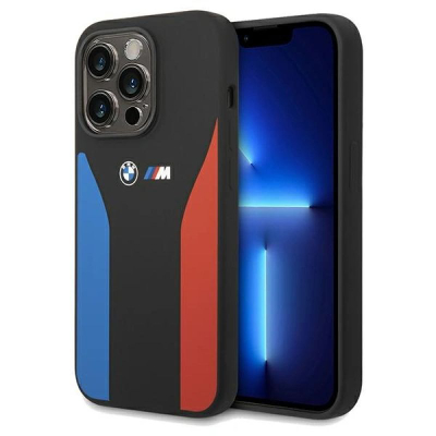 Këllëf telefoni BMW M Silicone për iPhone 15 Pro Max, me shirita blu edhe të kuq, i zi