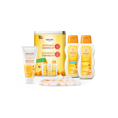 Set femijesh Krem 75 ml vs Lëng për dush 200 ml vs Vaj hidratues për sy 200 ml dhe Pelena pambuku Calendula Weleda