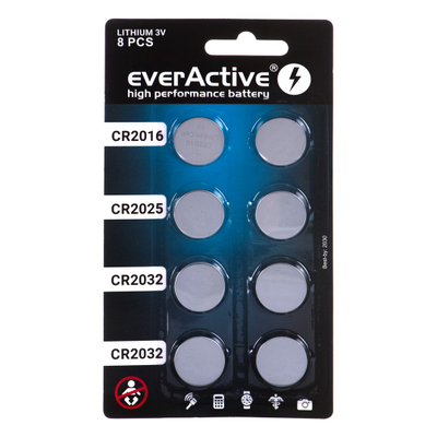 Bateri litium EverActive CR2032 CR2025 CR2016, 3V, set 8 copë, argjendi