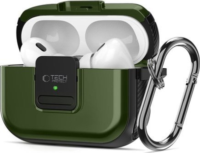Mbështjellës për kufje Tech-Protect Defender Hook MagSafe Apple AirPods Pro 1 2, TPU PC, me karabinë, jeshile ulliri
