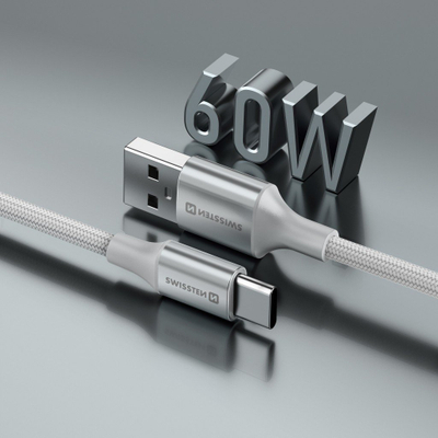 Kабел USB Swissten Textile II, USB во USB-C, 1.5m, 60W, бел