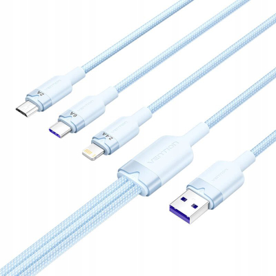Кабел за полнење Vention 3‑во‑1, USB-A во USB-C Lightning Micro-B, 1.5m 6A, сина