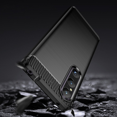 Mbrojtëse telefoni Sony Xperia 1 V Carbon, silikon i butë, efekt fibër karboni, e zezë