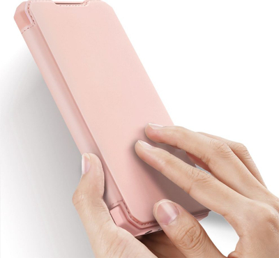 Kapak me kapak Dux Ducis Skin X për Samsung Galaxy A02s, lëkurë eko, me mbajtëse dhe xhep karte, rozë