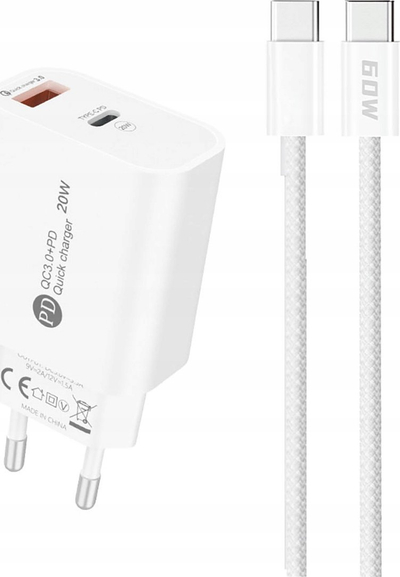 Полнач за ѕид HURTEL A6MaxC, 20W, USB A и USB C, со кабел 1m USB C, бел