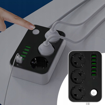 Prizë zgjatëse me 3 dalje dhe 6 porta USB, 1.8m, 2500W, e bardhë