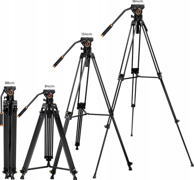 Tripod profesionist për video K&amp;F Concept KF09.121, 84–184 cm, kokë fluide 360°, i zi