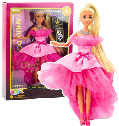 Kukull Lean Toys Anlily Glitter Ball Gown, gjymtyrë lëvizëse, flokë biondë, fustan rozë me shkëlqim