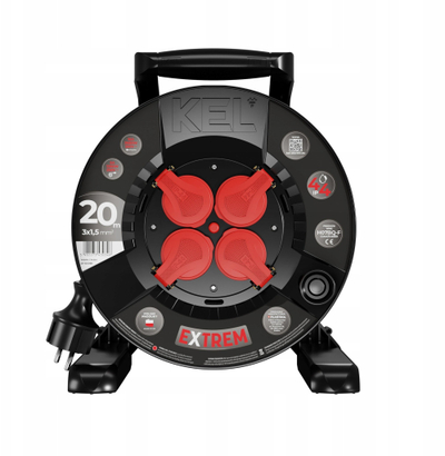 Zgjatues me bobinë KEL Extreme Line, 20m 3x1.5mm², 4 priza 16A IP44, i zi