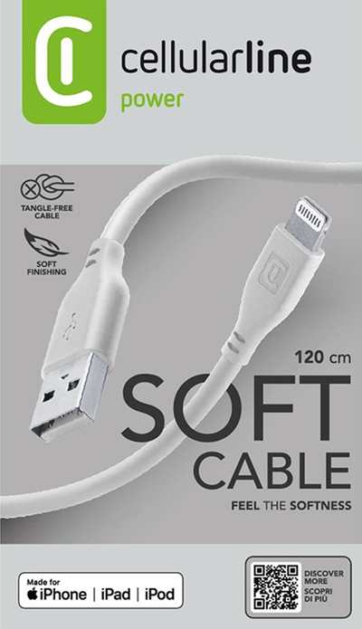 Kабел УСБ А во Лајтнинг Cellularline Soft Cable, 1.2 m, MFi, сива