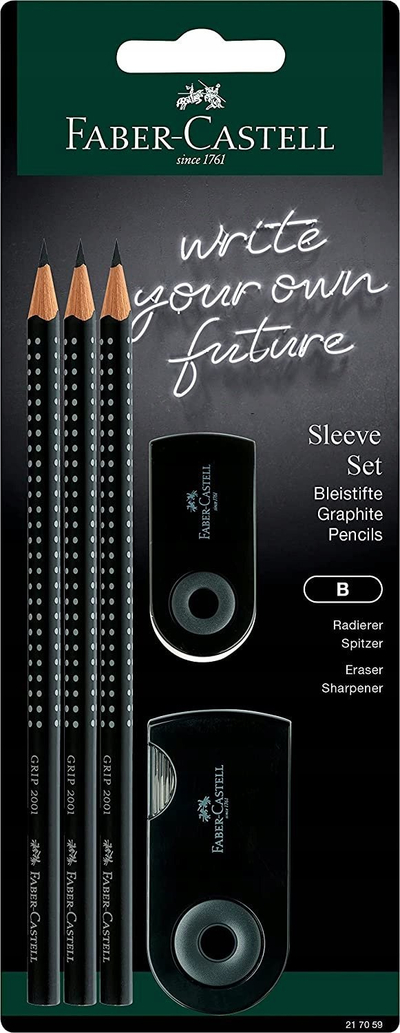 Set lapsash Faber Castell Sleeve Grip 2001 B, 3 lapsa, gomë dhe mprehëse, i zi