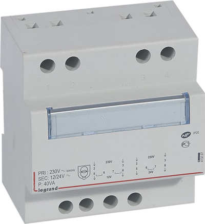 Transformator sigurie modular Legrand, 12V 24V, për shinë DIN, gri