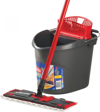 Set mop pastrimi Vileda Ultramat Complete, shkop e mop drejtkëndor, kovë me Power Press, gri me të kuqe
