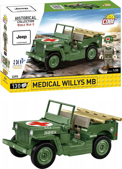 Set ndërtimi Cobi Historical Collection WWII Jeep Willys MB Medical, 1:35, me figurë doktori, shumëngjyrësh