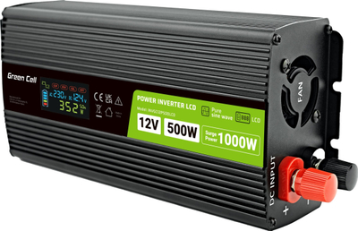 Invertor Green Cell PowerInverter me LCD, 12V 500W 1000W, valë e pastër, i zi
