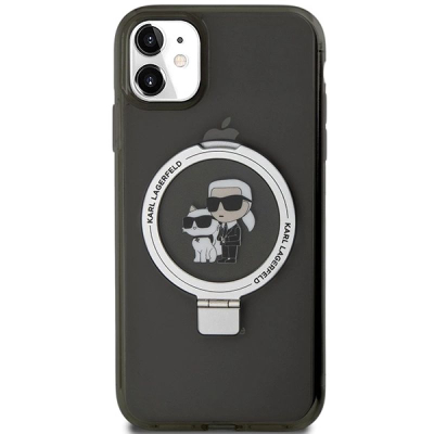 Kuti telefoni Karl Lagerfeld Ring Stand Karl &amp; Choupette MagSafe për iPhone 11 XR, me unazë stand, magnetike MagSafe, e zezë