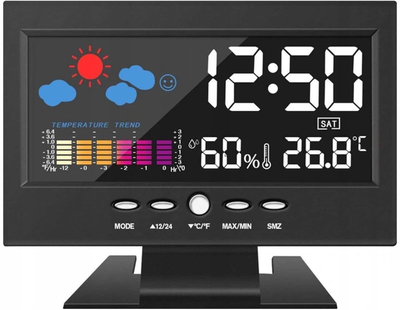 Stacion moti i zi me ekran LCD, orë edhe kalendar, termometër edhe higrometër