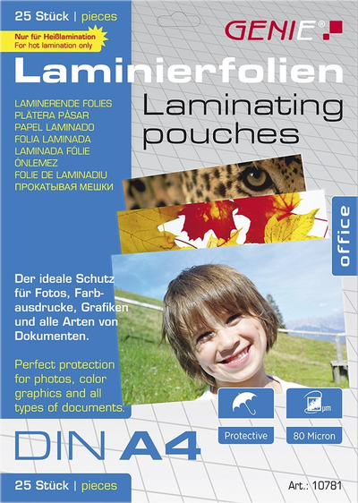 Fletë laminimi Genie 10781, DIN A4, 80 mikron, transparente
