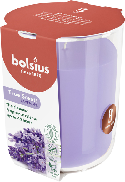 Qiri aromatik Bolsius True Scents Lavender, në gotë qelqi, deri 45 orë djegie, vjollcë
