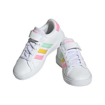 Atlete fëmijësh Adidas Grand Court, lidhëse elastike, rrip me shulit, të bardha me shumëngjyrëshe