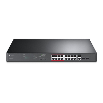PoE прекинувач TP-Link TL-SL1218MP, 16 порти 10/100Mbps, 2 Gigabit порти, црн