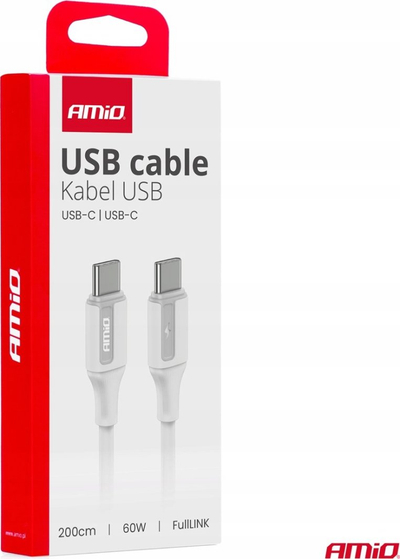 Kabllo karikimi AMiO 03921, USB Type C, 2m, 60W, e bardhë