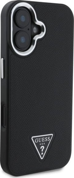 Kapak telefoni Guess Grained Triangle MagSafe për iPhone 16 6.1", me magnet MagSafe, i zi