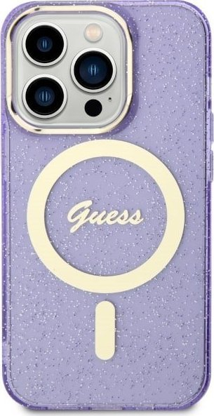 Maskë mbrojtëse Guess Glitter Gold MagSafe për iPhone 14 Pro Max, TPU PC, vjollcë