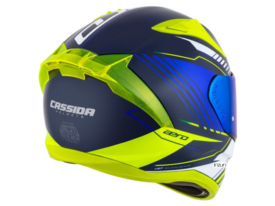 Helmeta integrale Cassida Aero Drome 2026, vizor dielli, ECE 22.06, blu e verdhë fluo