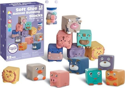 Blloqe sensoriale Woopie Soft Sensory Blocks Animals, set me 12 copë, për foshnje 12+ mujsh, shumëngjyrëshe