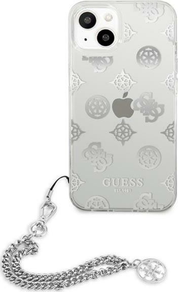 Mbulesë telefoni Guess GUHCP13SKSPESI për iPhone 13 mini, TPU, me zinxhir, ngjyrë argjendtë