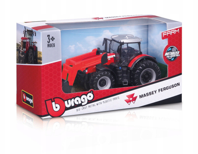 Lodër traktor Bburago Massey Ferguson 8740S, 10 cm, me kovë frontale, i kuq