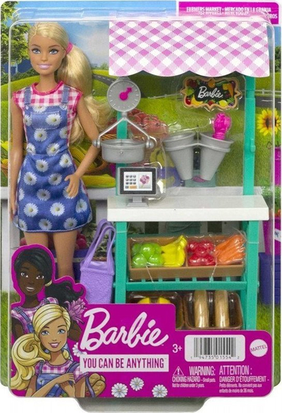 Set loje Barbie Careers Farmers Market, me kukull bionde, me mobilje edhe aksesorë, shumëngjyrësh