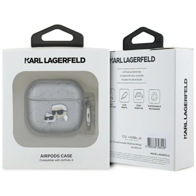 Mbështjellës kufjesh Karl Lagerfeld Monogram Karl &amp; Choupette, për AirPods 4, argjend