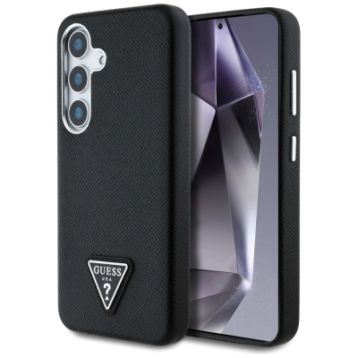 Futrollë Guess Grained Triangle Logo MagSafe për Samsung Galaxy S25, eko lëkurë, e zezë