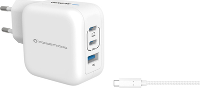 Полнач Conceptronic 3 порти GaN, 67W, USB C PD QC 3.0, со кабел, бел