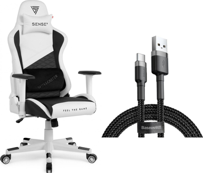 Karrige gaming SENSE7 Spellcaster, material tekstili, mbështetëse ergonomike, bardh e zi
