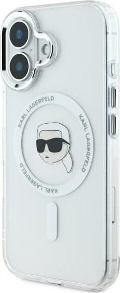 Kejs telefoni Karl Lagerfeld IML Metal Karl Head MagSafe, për iPhone 16 Plus 6.7\", i bardhë